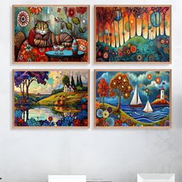 Aura Blue & Orange 4 Pieces Floral and Botanical Painting Wall Arts-picture-33
