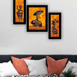 SAF Black & Orange Coloured 3 Pieces African Lady Dancing Modern Painting Wall Art-image-43