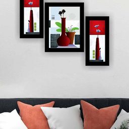SAF White & Maroon 3 Pieces Flower Pot Modern Art Painting Wall Art-image-38