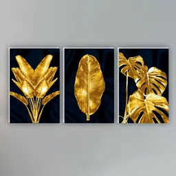SAF Navy Blue & Gold Toned 3 Pieces Tropical Leaves Wall Art-image-32