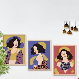 SAF 3 Pcs Yellow & Blue Boho Women Painting Framed Wall Art-17