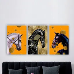SAF Yellow & Beige 3 Pieces Horse Painting Wall Art-0