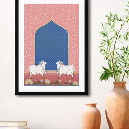 999Store Peach & Blue Cow & Tree Framed Printed Paper Painting-image-78