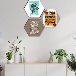 SAF White & Brown 3 Pieces Motivational Quotes UV Textured Self Adhesive Hexagon Wall Arts-image-5