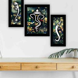 SAF Black & Grey 3-Pieces Lord Ganesha Printed Framed Wall Art-image-99