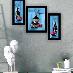 SAF Blue & Black 3-Pieces Modern Flower Art Design  Self Adhesive Framed Wall Paintings-image-78