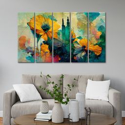 999Store Green 5 Pieces Orange Flower With Abstract Effect MDF Wall Painting Set-17