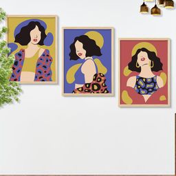SAF Blue & Yellow 3 Pieces Boho Woman Wall Art-image-60