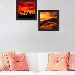 WENS Set Of 2 Orange And Black UV Textured Sunset View Painting-18