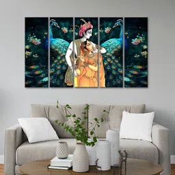 999Store Green & Yellow 5 Pieces Radha Krishna Modern Art Panels Wall Painting-image-24