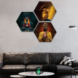 SAF Black & Gold Toned 3 Pieces Lord Buddha UV Textured Self adhesive Wall Arts-picture-22