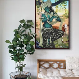 999Store Green and Blue Lord Krishna Playing Flute With Cow Framed Painting Wall Art-image-2