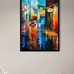 Art Street Black & Blue Night Scene In Small Town Painting Wall Art-image-15
