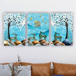 SAF Blue & White 3 Pieces Deer ,Tree And Birds Painting Wall Art-image-34