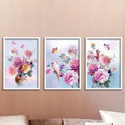 SAF 3-Pcs Blue & Pink Flower Painting Wall Art-12