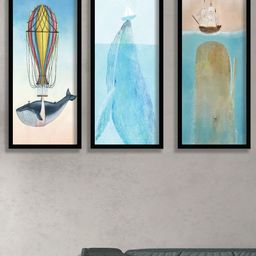 SAF Set Of 3 Black & Blue Dolphin UV Textured Painting Wall Art-16