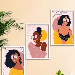 SAF Pink & Yellow 3-Pieces Modern Boho Art Printed Framed Wall Art-image-37