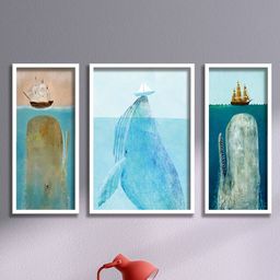 SAF Set of 3 Blue & White Dolphin UV Textured Wall Painting Art With Frame-image-3
