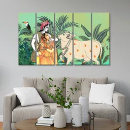 999Store Green & Orange 5 Pieces Radha Krishna With Cow Wall Art-41
