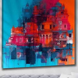SAF Orange & Blue Printed Wooden Wall Art-40