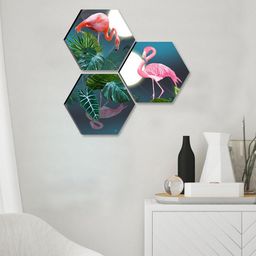 SAF Green & Pink 3 Pieces Flamingo Printed UV Textured Wall Painting-picture-5
