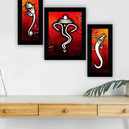SAF Red & White 3 Pieces Ganesha Religious Framed Wall Painting-image-64