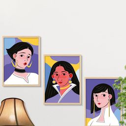 SAF 3-Pcs Purple & Yellow Boho Women Painting Framed Wall Art-21