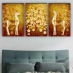 SAF Yellow & Brown 3 Pieces Deer & Flower Painting Waterproof Wall Arts-17