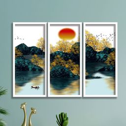 SAF 3 Pieces White & Green Water & Sun Printed Framed Wall Painting-image-27