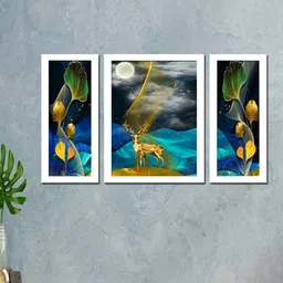 WENS Set Of 3 Blue & White Deer Art Framed Wall Painting-22