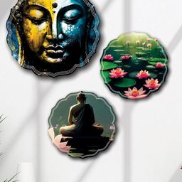 SAF Blue & Green 3 Pieces Lord Buddha MDF Painting Wall Art-picture-19