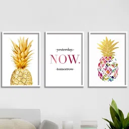 SAF Yellow & White 3-Pieces Tropical Pineapple Printed High Definition Framed Wall Art-image-44