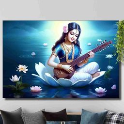SAF Blue & White Goddess Saraswati Canvas Painting Wall Art-picture-28