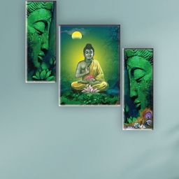 SAF Green & Yellow 3 Pieces Lord Buddha Painting Wall Arts-image-14