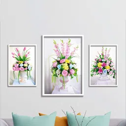 SAF White 3-Pieces Flower Pot Printed Framed UV Coating Wall Art-image-90