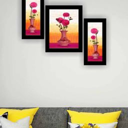SAF Orange Coloured & Pink 3 Pieces Flower Pot Modern Wall Art Painting-image-98