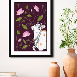 999Store Maroon & White Cow With Calf Painting Printed Framed Wall Art-11