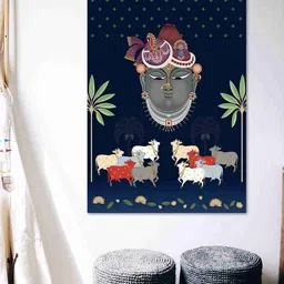 SAF Blue & Grey Shree Nath Ji Sparkle Coated Unframed Wall Art-21