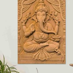 SAF Beige Lord Ganesha Sparkle Coated Unframed Painting Wall Art-image-87