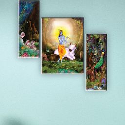SAF Green & Yellow 3 Pieces Lord Ganesha Printed UV Textured Wall Arts-picture-2