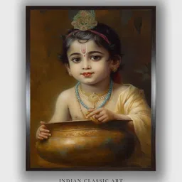 INDIAN CLASSIC ART Brown & Beige Beautiful Art of Lord Krishna Painting Canvas Wall Art-picture-0