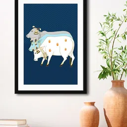 999Store Blue & White Nandi Cow Stylish Modern Art Painting Printed Framed Wall Art-image-90