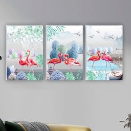 SAF White & Pink 3 Pieces Flamingo Painting Waterproof Wall Art-18
