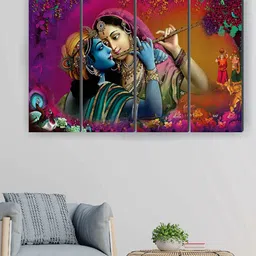 SAF Red & Blue 4 Pieces Radha Krishna Religious Painted Framed Wall Art-7