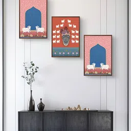 999Store Pink & Blue 3Pcs Cow With Shrinath Ji Wall Paintings-image-72