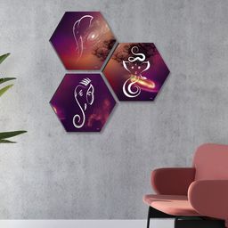 SAF Red & White 3 Pieces Lord Ganesha Painting Hexagon UV Textured Wall Arts-image-26