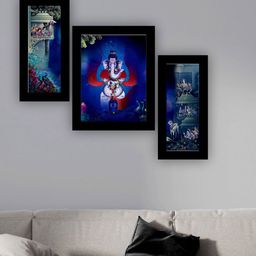 SAF Black & Blue 3 Pieces Lord Ganesha & Peacock Painting UV Coating Wall Arts-image-73