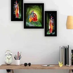 SAF Black & Green 3-Pieces Radha Krishna Printed Framed Wall Art-image-65