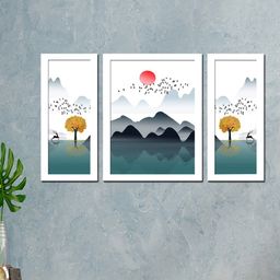 WENS Set Of 3 White & Blue Beautiful Morning Scene Painting Wall Art-image-19