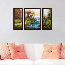 WENS Set Of 3 Green & Blue Village View Wall Painting-4